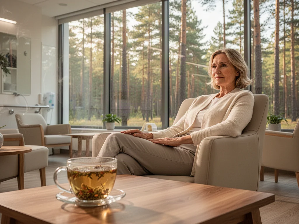 Kobieta w średnim wieku odpoczywa w nowoczesnym centrum rehabilitacyjnym z widokiem na las, pijąc herbatę.