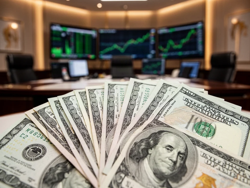 Wachlarz nowoczesnych banknotów dolarowych na rozmytym tle profesjonalnego biura finansowego.