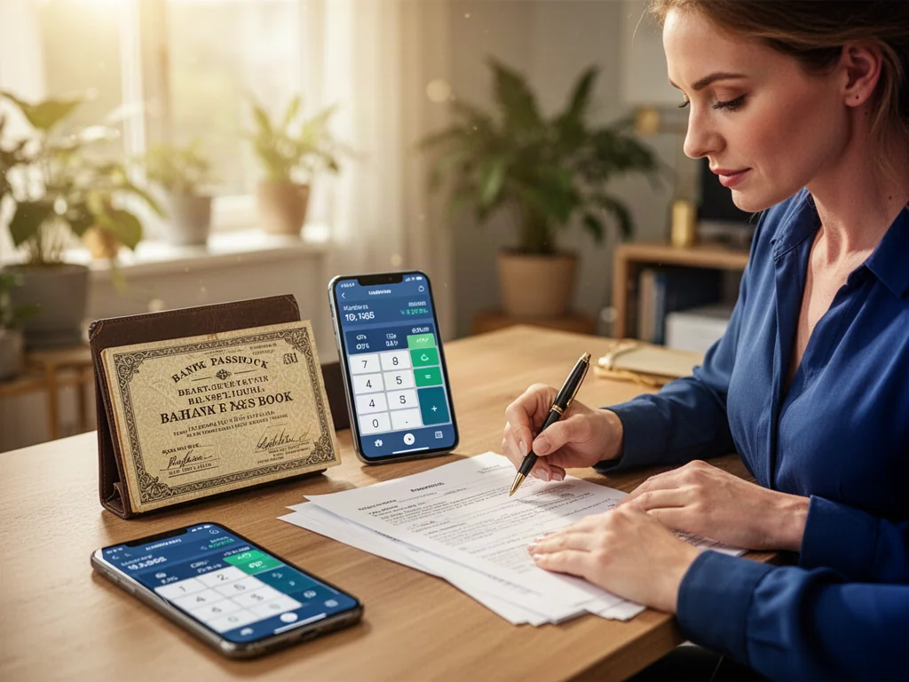 Kobieta w biurze analizuje dokumenty obok książeczki mieszkaniowej i smartfona z kalkulatorem finansowym.